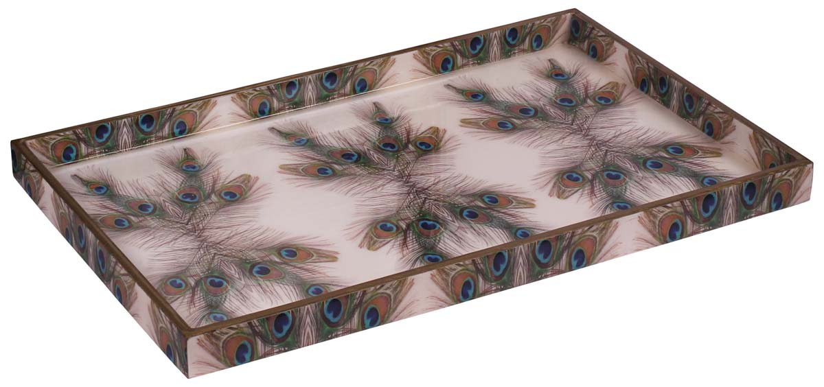 Buy in Bulk Wholesale Serving Tray in MDF - 12” Hand-Crafted Cream, Blue, Green - Decorative Tray with Peacock Feather Enamelled Art - Classic Serve-Ware/Decor/Gifts from India